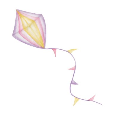 Suluboya çizimi. El boyama uçurtması mor, pembe, sarı renkte ve ipte bayraklar var. Renkli bayraklı çelenk. Hava oyuncağıyla uçmak. İzole edilmiş klipsli sanat eserleri baskılar, posterler, afişler