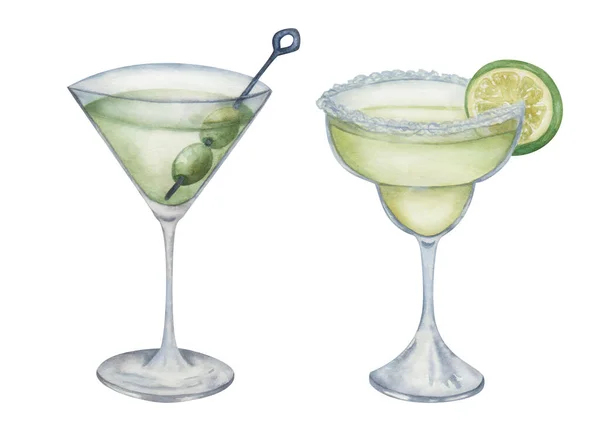 水彩イラスト グラスに緑のカクテルを手描き オリーブとドライマティーニ 石灰と塩のスライスとマルガリータ 汚いマティーニだ レストラン カフェメニューのための絶縁アルコール飲料 — ストック写真