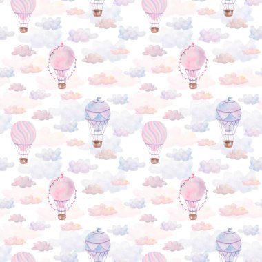 Suluboya kusursuz desen. Elle boyanmış sıcak hava balonları, mor, mavi, pembe renkli sepet, ip, çanta, bayrak. Bulutlu gökyüzü. Tekstil ve ambalaj için beyaz arkaplan üzerine yazdır