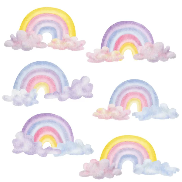 Watercolor illustration. Hand painted rainbows in purple, blue, pink, yellow colors with clouds. Weather elements. Nature phenomena. Isolated clip art for prints, posters, banners
