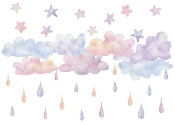 Watercolor illustration. Hand painted clouds in purple, blue, pink, yellow colors with stars and raindrops. Weather elements. Sky nature. Heaven cloudscape. Isolated clip art for prints, banners