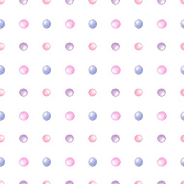 Suluboya kusursuz desen. Mor, mavi, pembe ve sarı renkli topların el boyaması çizimi. Puantiyeli. Kumaş tekstil ve ambalaj için beyaz arkaplan üzerine yazdır