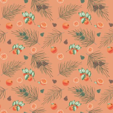 Suluboya kusursuz desen. Köknar ağacı dalları, çam ağaçları, kozalaklı ladin resimleri. Tropik turuncu meyveler, portakallar, greyfurtlar, mandalinalar. Tekstil için turuncu arkaplan üzerine yazdır