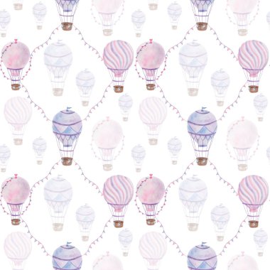 Suluboya kusursuz desen. Elle boyanmış sıcak hava balonları, mor, mavi, pembe renklerde sepeti, ipleri, çantaları, bayrakları. Kumaş tekstil ve ambalaj için beyaz arkaplan üzerine yazdır