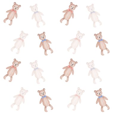 Suluboya kusursuz desen. Elle boyanmış kahverengi oyuncak ayı resmi, kırmızı, mavi fiyonklu. Güzel çizgi film oyuncağı. Çocuklar için beyaz arkaplan üzerine baskı Tekstil, duvar kağıdı, ambalaj