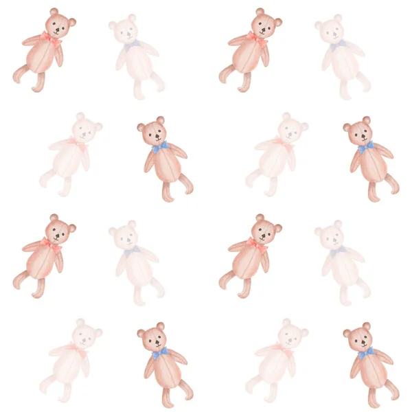 Watercolor seamless pattern. Hand painted illustration of brown teddy bear with red, blue bow. Cute cartoon toy. Print on white background for children fabric textile, wallpaper, packaging