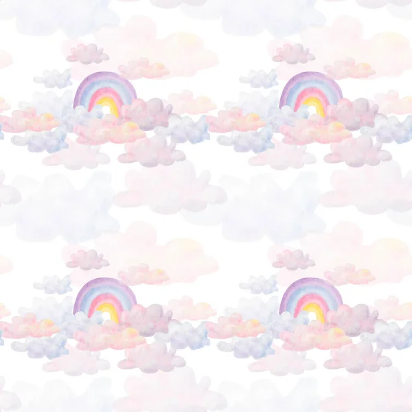 Watercolor seamless pattern. Hand painted illustration of rainbows in purple, blue, pink, yellow colors. Sky with clouds. Weather elements. Print on white background for fabric textile, packaging