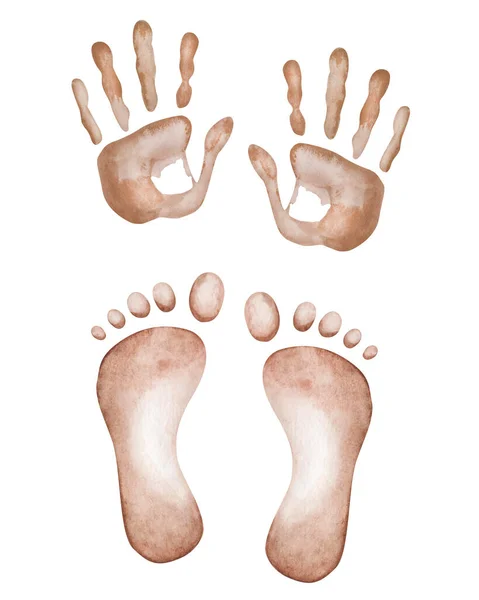 Watercolor Illustration Hand Painted Brown Handprint Footprint People Man Woman — 스톡 사진