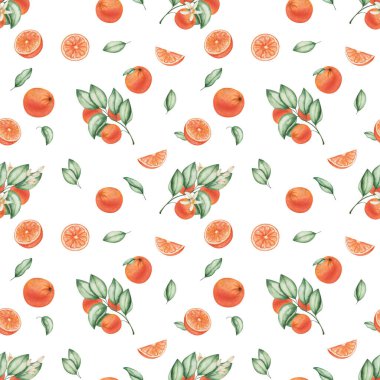 Watercolor seamless pattern. Hand painted illustrations of oranges, grapefruits, tangerines with green leaves, branches and flowers. Tropical fruits. Sliced citrus. Print on white background