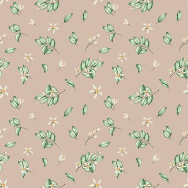 Watercolor seamless pattern. Hand painted illustrations of green leaves and beige flowers with five petals. Tropical citrus flowers. Floral pattern. Print on beige background for textile, packaging