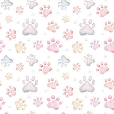 Watercolor seamless pattern. Hand painted illustration of colorful paws of dog, wolf, cat. Kitten, puppy footprints. Animal pawprint. Print on white background for fabric textile, packaging, postcard