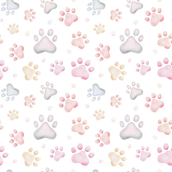 Watercolor seamless pattern. Hand painted illustration of colorful paws of dog, wolf, cat. Kitten, puppy footprints. Animal pawprint. Print on white background for fabric textile, packaging, postcard