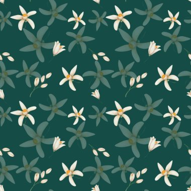 Watercolor seamless pattern. Hand painted illustrations of beige flowers in blossom with five petals, buds. Tropical citrus flowers. Floral pattern. Print on green background for textile, packaging