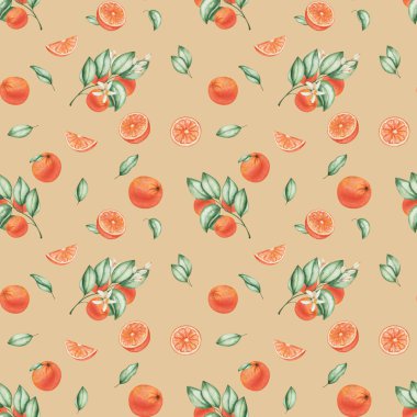 Watercolor seamless pattern. Hand painted illustrations of oranges, grapefruits, tangerines with green leaves, branches and flowers. Tropical fruits. Sliced citrus. Print on orange background