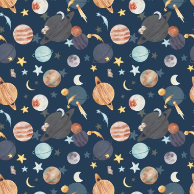 Watercolor illustration. Seamless pattern of hand painted planets, stars, moon, meteorite, asteroid. Celestial bodies in outer space. Saturn, Uranus, Jupiter. Space Day. Print on dark blue background