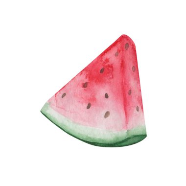 Watercolor illustration. Hand painted watermelon with black seeds, green peel, red inside, cut in slice. Autumn harvest of food. Sweet berry. Isolated clip art for summer postcards, prints, banners