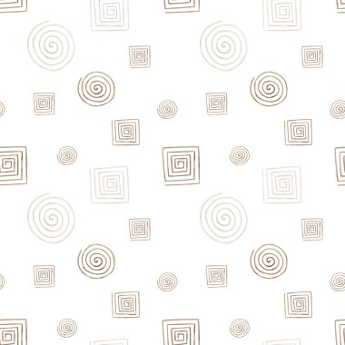 Soyut elementlerin elle boyanmış resimlerinden sulu boya desenleri. Mısır tarzında kahverengi kare ve yuvarlak süsler. İç mekan, kumaş tekstil ve ambalaj için beyaz arkaplan üzerine yazdır