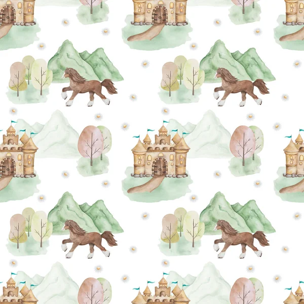Watercolor seamless pattern. Hand painted illustration of castle, palace, mountain, grass, trees, flowers. Brown running clydesdale horse. Medieval fortress. Print on white background for textile