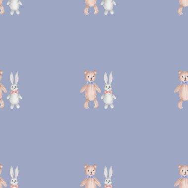 Watercolor seamless pattern. Hand painted illustration of toys. Brown teddy bear and grey bunny hare. Cartoon characters. Print on blue background for children fabric textile, wallpaper, packaging