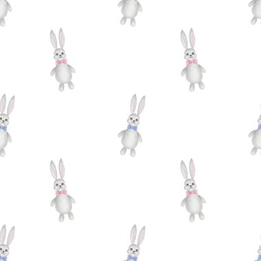 Suluboya kusursuz desen. Elle boyanmış gri tavşan resmi, pembe ve mavi kurdeleli tavşan. Tatlı çizgi film tavşan oyuncağı. Çocuklar için beyaz arkaplan üzerine baskı Tekstil, duvar kağıdı, ambalaj