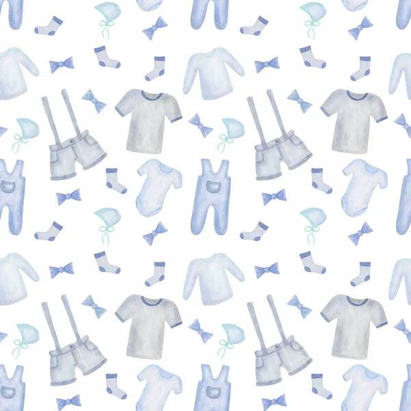 Watercolor seamless pattern. Hand painted illustration of children clothes: shorts, t-shirt, socks, bodysuit, bonnet. Boy clothes. Baby shower. Print on white background for fabric textile, packaging