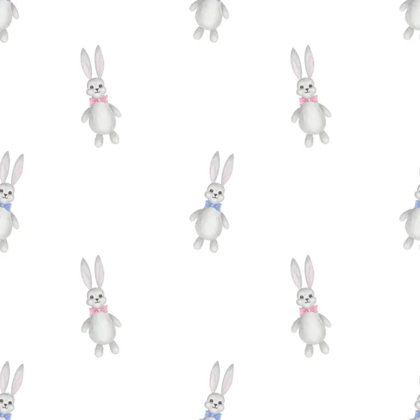 Watercolor seamless pattern. Hand painted illustration of grey bunny, hare with pink and blue bows. Cute cartoon rabbit toy. Print on white background for children fabric textile, wallpaper, packaging