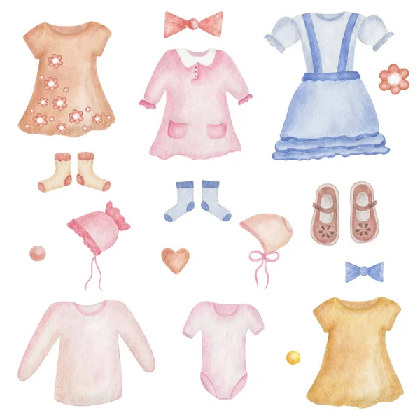 Акварельна Ілюстрація Рука Розфарбовувала Дитячий Одяг Рожеві Сині Кольори Сукня — стокове фото