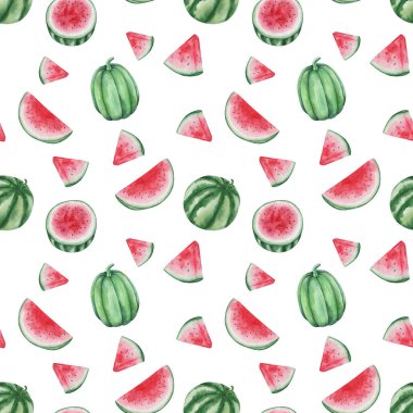 Watercolor seamless pattern. Hand painted illustration of green, red watermelon with black seeds cut in half, sliced. Summer fruit, sweet berry. Print on white background for fabric textile, packaging