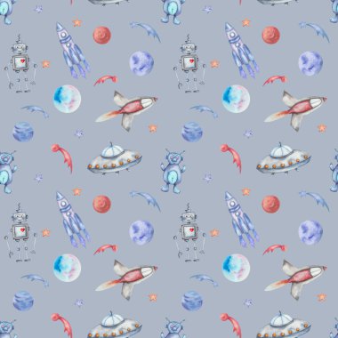 Watercolor illustration. Seamless pattern of hand painted robot, alien humanoid, ufo spaceship. Rockets, planets, moon, stars, comet in outer space. Space Day. Print on grey background for textile