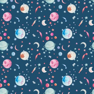 Watercolor illustration. Seamless pattern from hand painted planets, stars, moon, meteorite, asteroid. Celestial bodies in outer space. Pluto, Uranus, Venus. Space Day. Print on dark blue background