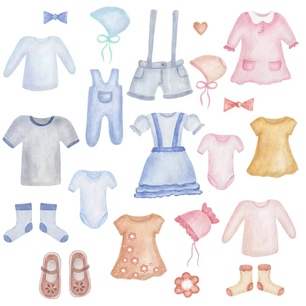 Aquarelillustratie Handgeschilderde Babykleertjes Voor Meisjes Jongens Jurk Korte Broek Shirt — Stockfoto
