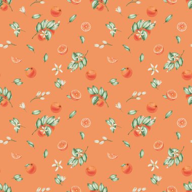 Watercolor seamless pattern. Hand painted illustrations of oranges, grapefruits, tangerines with green leaves, branches and flowers. Tropical fruits. Sliced citrus. Print on orange background