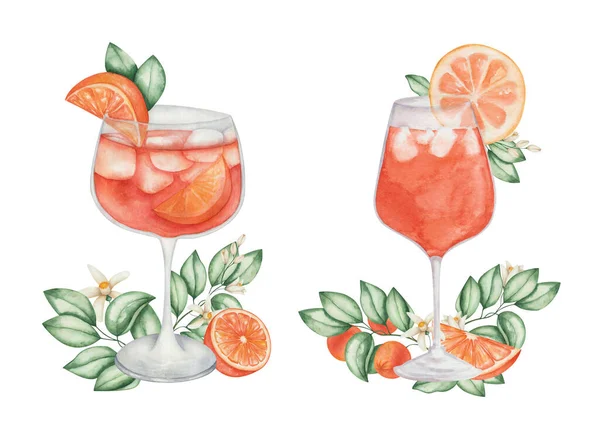 Ilustración Acuarela Cócteles Naranjas Pintados Mano Vaso Con Rebanada Fruta — Foto de Stock