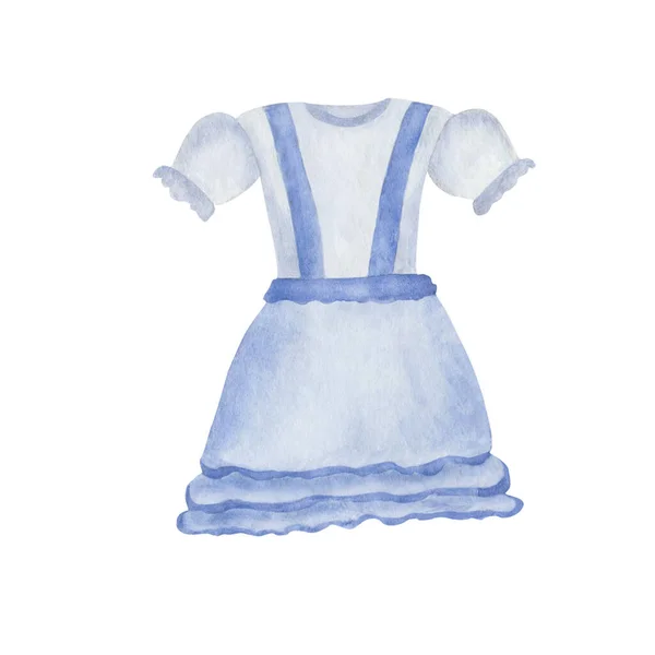 Watercolor Illustration Hand Painted Blue Dress Skirt Braces Blouse Little — ストック写真