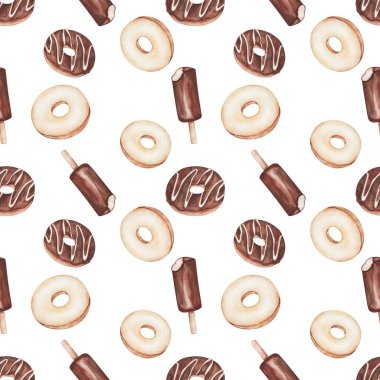 Watercolor seamless pattern. Hand painted illustration of classic donuts with white icing and brown chocolate. Eskimo pie ice cream. Sweet food. Dessert doughnuts. Isolated clip art for textile prints