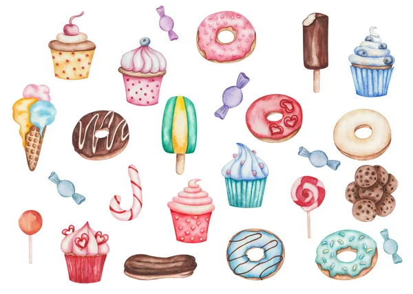 Watercolor Illustration Hand Painted Confectionery Set Donuts Eclair Cupcakes Ice — Stock Photo, Image