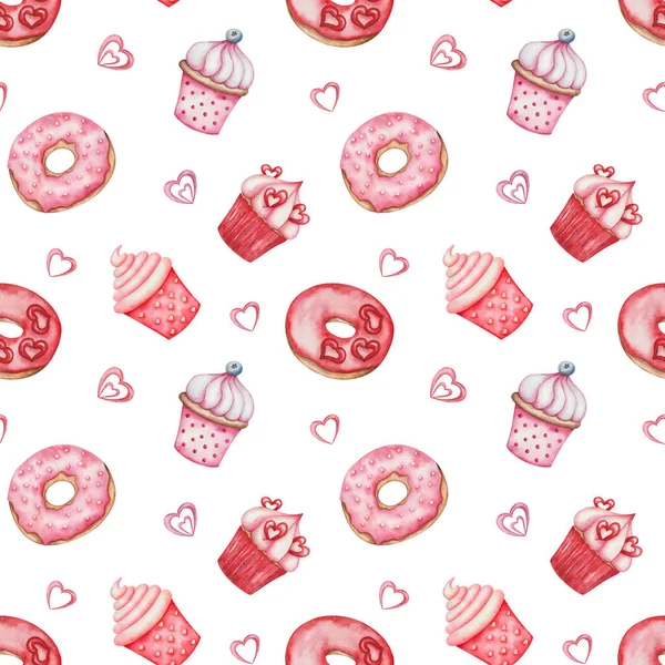 Patrón Sin Costura Acuarela Ilustración Pintada Mano Cupcakes Rojos Rosados — Foto de Stock