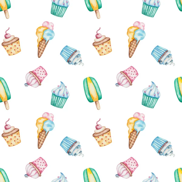 Watercolor seamless pattern. Hand painted illustration of cupcakes with blueberry, sprinkles, cherry, cream. Muffins. Ice cream, popsicle. Print on white background in blue, green, pink, yellow color