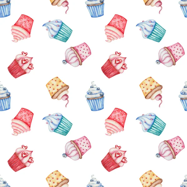 Patrón Sin Costura Acuarela Ilustración Pintada Mano Cupcakes Colores Azul — Foto de Stock