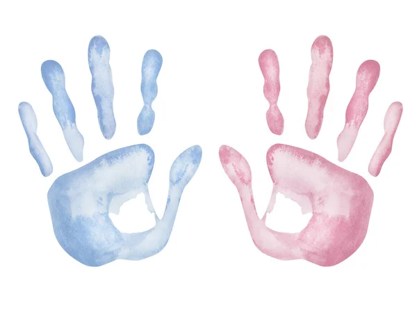 Ilustração Aquarela Mão Pintado Azul Rosa Impressões Esquerda Direita Mãos — Fotografia de Stock