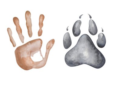 Suluboya çizimi. Elle boyanmış insan avucunun kahverengi el izi ve pençeli kurdun gri patisi. Köpeğin ayak izleri. Dünya Hayvan Günü. İnsan ve hayvan dostluğu. Pankartlar için izole klip sanatı