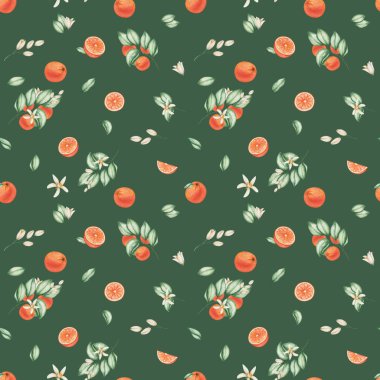 Watercolor seamless pattern. Hand painted illustrations of oranges, grapefruits, tangerines with green leaves, branches and flowers. Tropical fruits. Sliced citrus. Print on green background