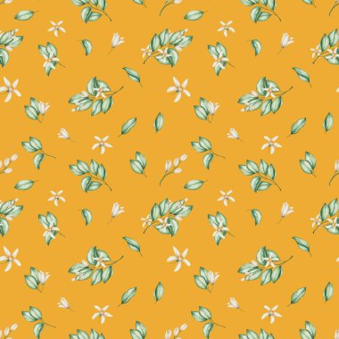 Suluboya kusursuz desen. Elle boyanmış yeşil yapraklar ve beş yapraklı bej çiçekler. Tropik narenciye çiçekleri. Çiçek deseni. Tekstil ve ambalaj için turuncu arkaplan üzerine yazdır