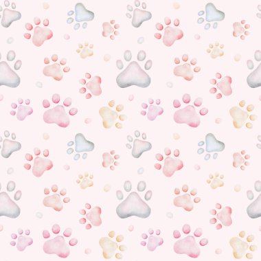 Suluboya kusursuz desen. Elle boyanmış renkli köpek, kurt ve kedi pençeleri. Kedi yavrusu, köpek ayak izleri. Hayvan pençesi izi. Kumaş tekstil, ambalaj, kartpostal için pembe arkaplan üzerine yazdır