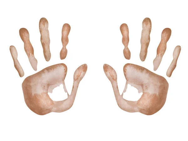 水彩画 手绘的人的棕色手印 儿童指纹 有手指的手掌 大拇指 无名指 人体的一部分 海报用的孤立剪贴画 — 图库照片