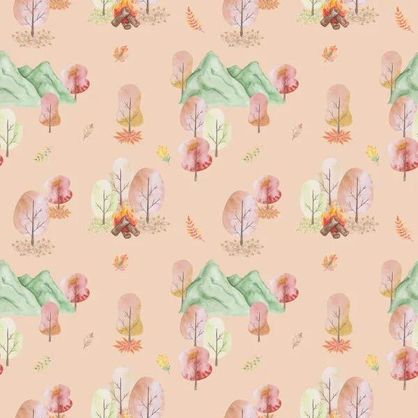 Watercolor seamless pattern. Hand painted illustration of antumn forest. Nature scenery with mountain, trees, leaves, fire on logs. Hiking in woods. Print on brown background for textile, packaging