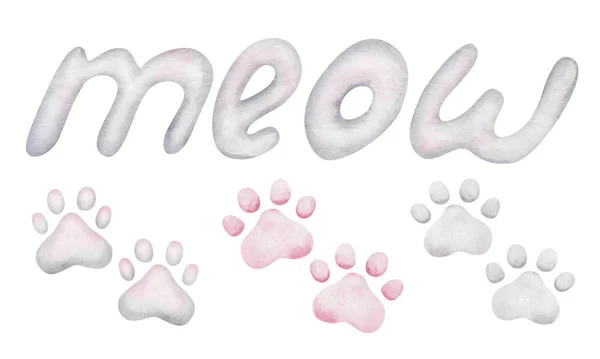 Aquarelillustratie Met Hand Geschilderd Roze Grijze Pootafdrukken Van Kitten Puppy — Stockfoto
