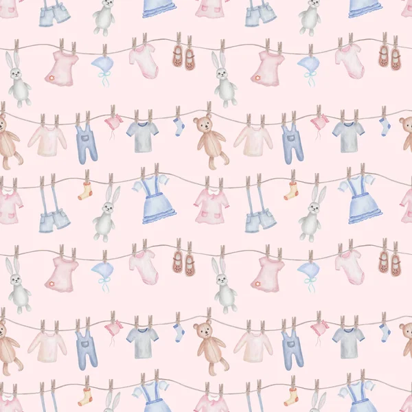 Watercolor seamless pattern. Hand painted illustration of teddy bear, bunny hare. Washed boys and girls clothes: dress, shorts, t-shirt, crawlers, bonnet. Print on pink background for children textile