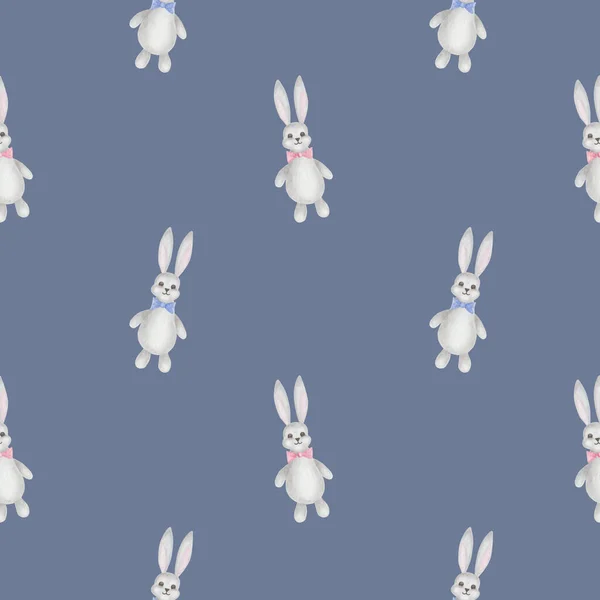 Watercolor seamless pattern. Hand painted illustration of grey bunny. Hare with pink and blue bows. Cute cartoon rabbit toy. Print on blue background for children fabric textile, wallpaper, packaging