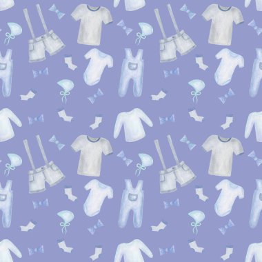 Watercolor seamless pattern. Hand painted illustration of children clothes: shorts, t-shirt, socks, bodysuit, bonnet. Boy clothes. Baby shower. Print on blue background for fabric textile, packaging